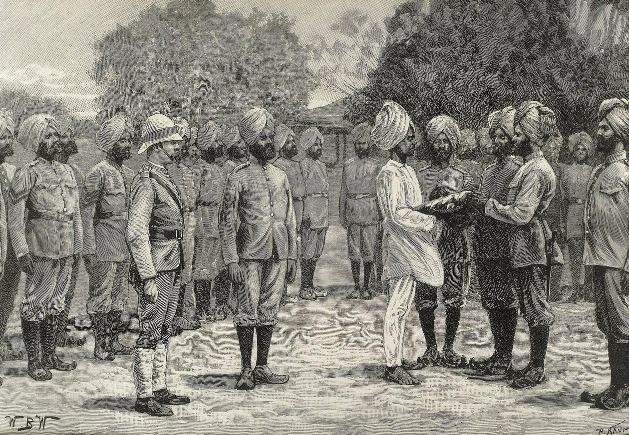England (19. Jahrhundert). Kolonisation. Indien. Die neuen Regimenter von Burma. Vereidigung neuer Rekruten. (Stich) von Artist Unknown