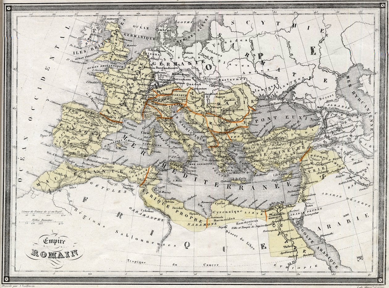 Geografische Karte des Römischen Reiches. In "Universal Atlas of Ancient and Modern Geography" von Vuillemin, um 1851 von Artist Unknown