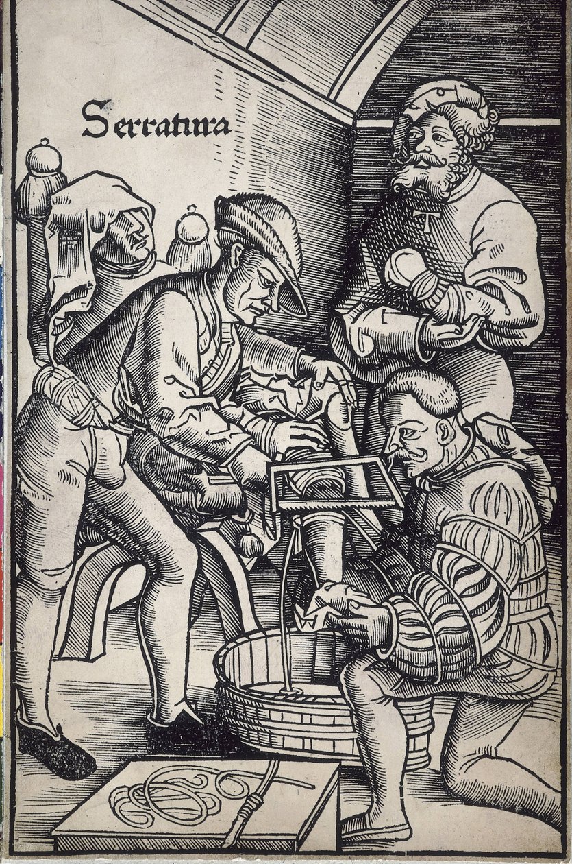 Gersdorff, Hans von (1455 - 1529). Deutscher Chirurg. Amputation eines Beins. Holzschnitt von Hans Wechtlin für das Buch „Feldtbuch der Wundarzney“ (Feldbuch der Chirurgie) von Artist Unknown