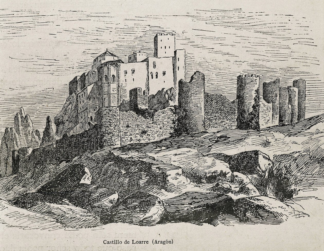 Loarre. Romanische Burg. Gravur. SPANIEN. ARAGON. Zaragoza. Allgemeine Militärakademie von Artist Unknown