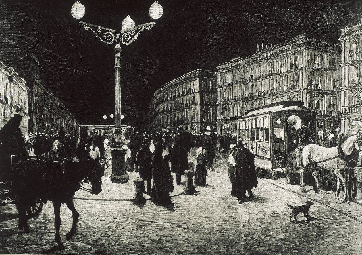 Madrid (1878). Die Puerta del Sol beleuchtet mit elektrischem Licht. Bild nach einer Zeichnung von Pellicer für „La Ilustracion Española y Americana“. Radierung. von Artist Unknown