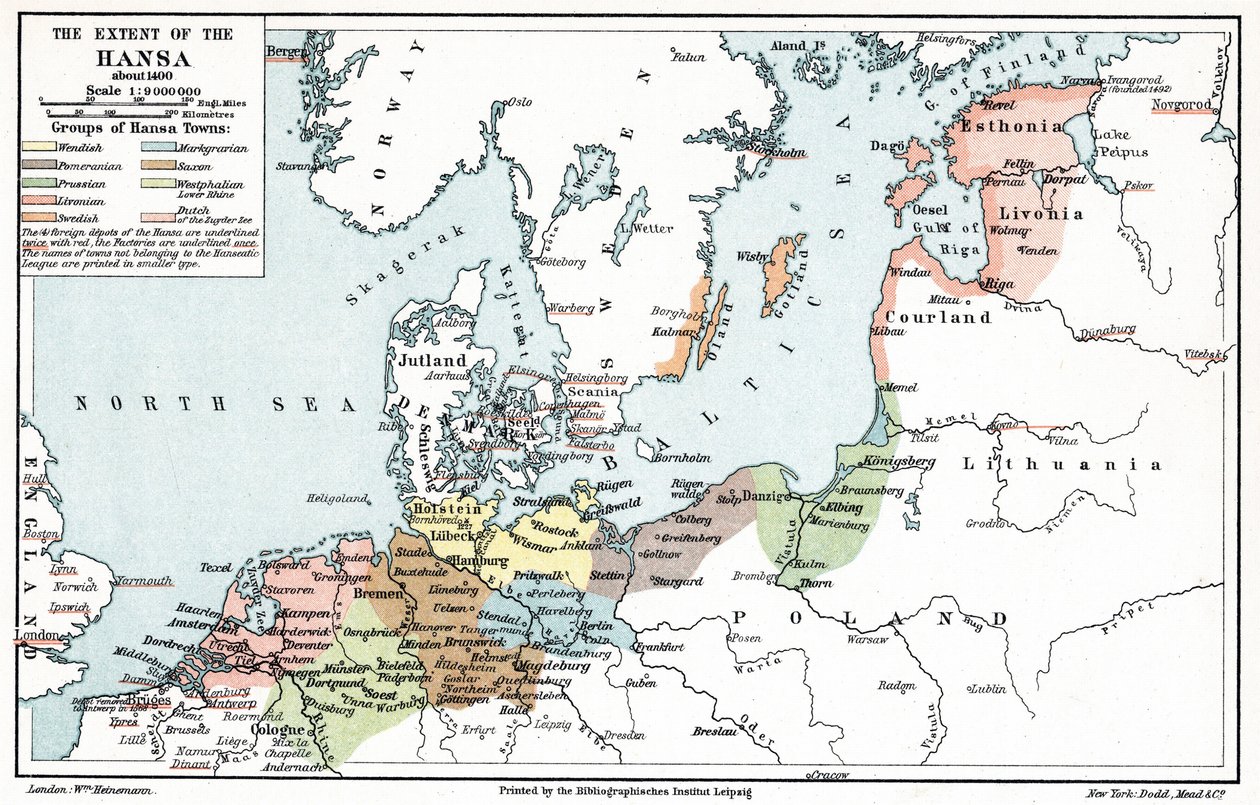 Karte des Ausmaßes der Hanse um 1400 von Artist Unknown