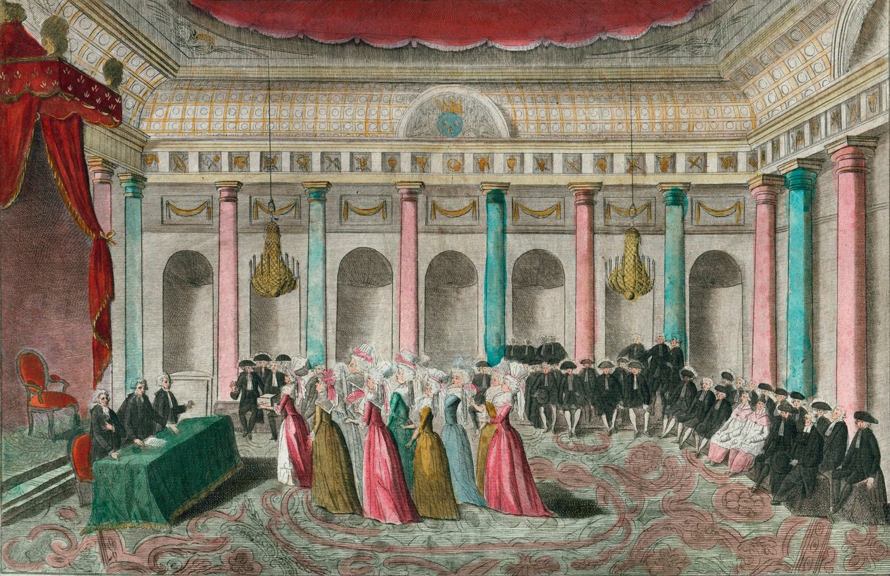 Patriotische Geschenke, 27. September 1789: Die Frauen der angesehensten Künstler präsentierten sich in der Nationalversammlung und legten eine mit Schmuck gefüllte Schachtel auf den Tisch. von Artist Unknown