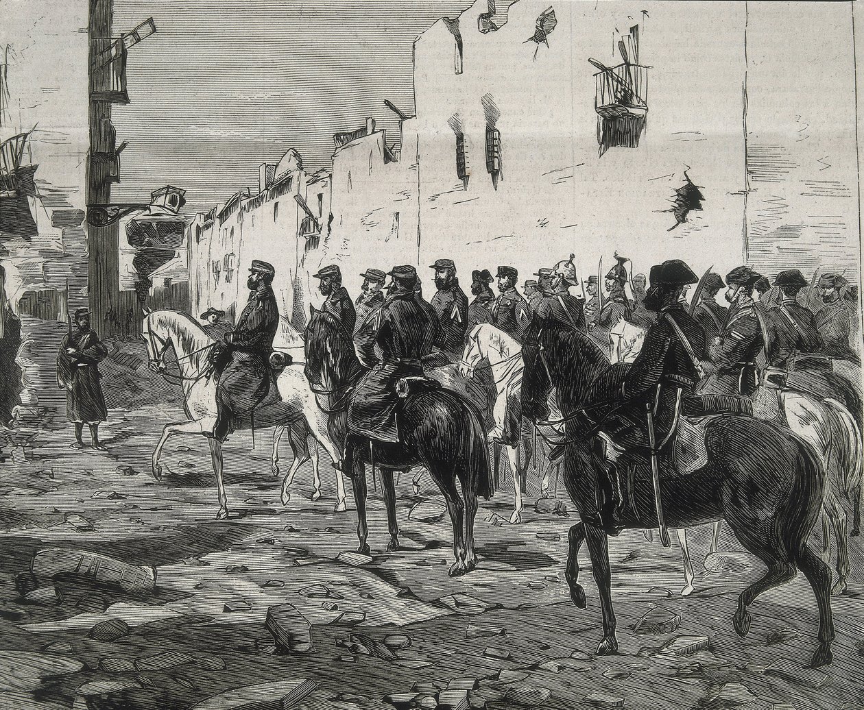Spanien. Die Erste Republik (1873-1874). Kanton Cartagena. General Jose Lopez Dominguez in Cartagena nach der Kapitulation der Kantonalisten. Bild veröffentlicht in „La Ilustracion Española y Americana“. (Radierung) von Artist Unknown