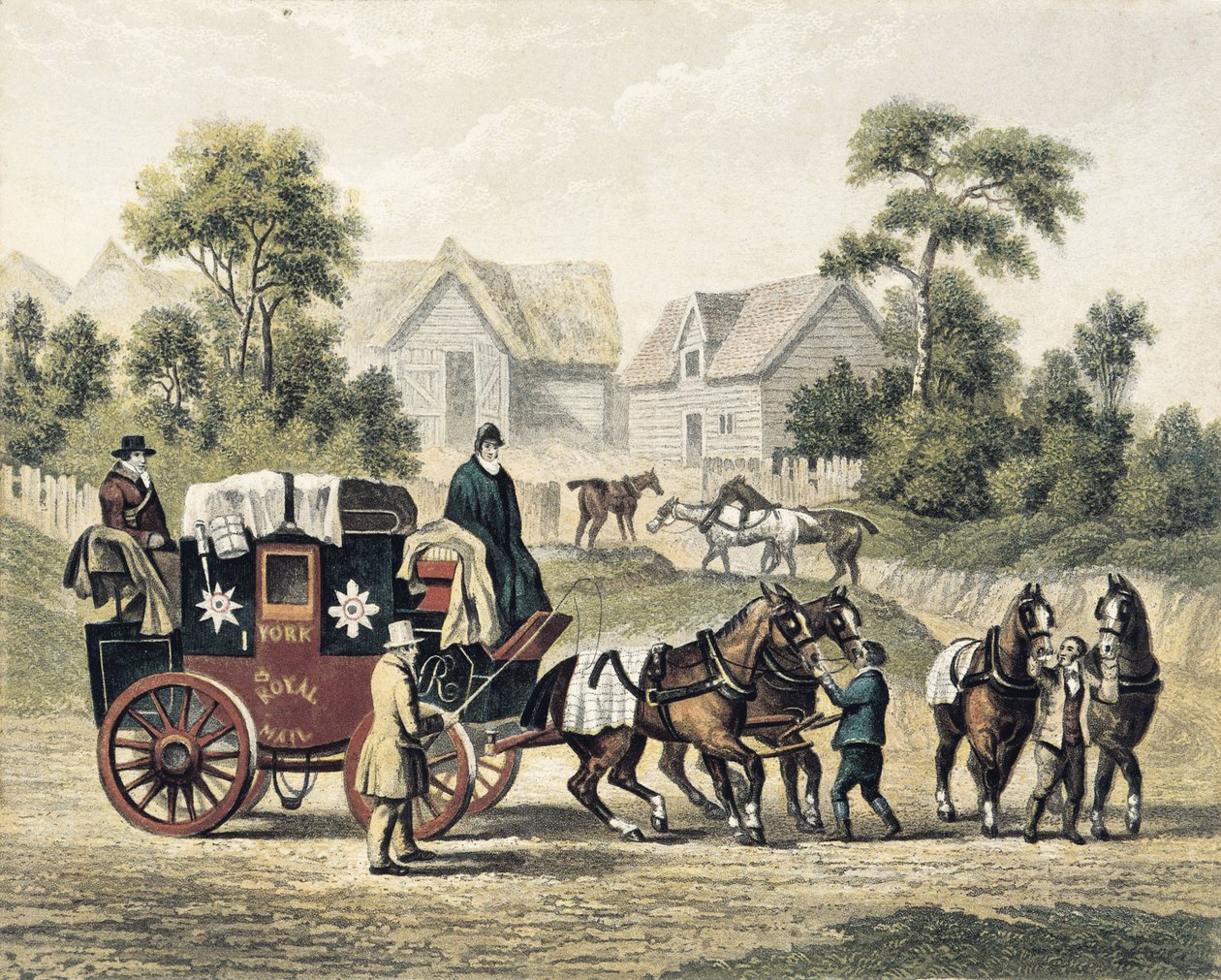 Postkutsche (19. Jh.). Gravur von Artist Unknown