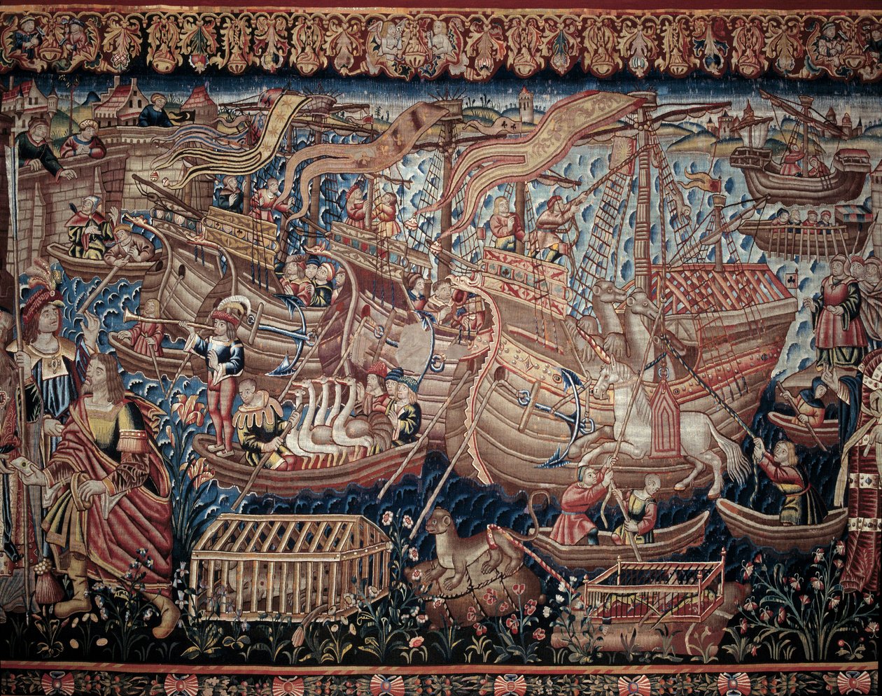 Der portugiesische Navigator Vasco da Gama (1459-1524) kam 1498 in Calicut in Indien an (Detail, Wandteppich) von Artist Unknown