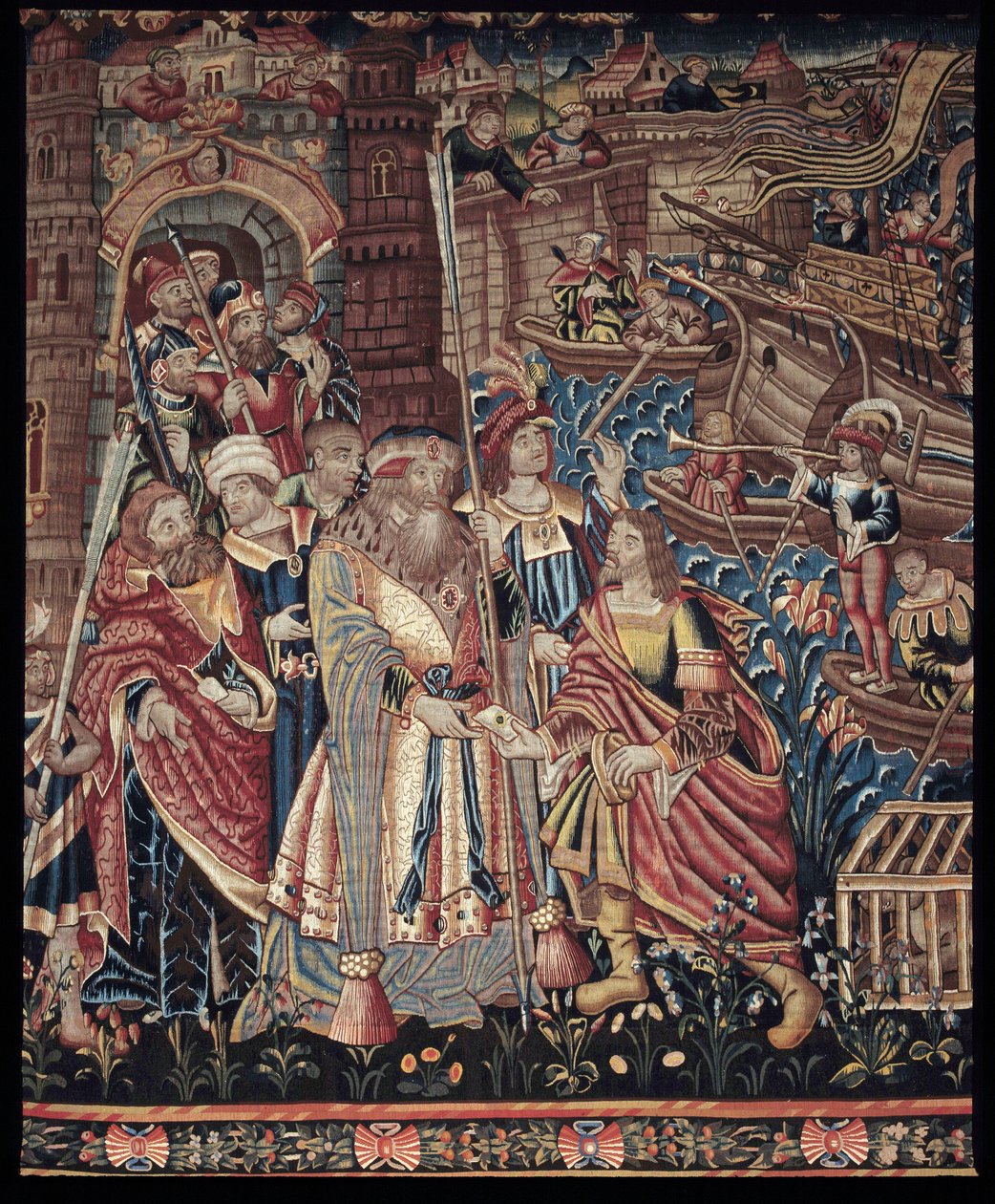 Der portugiesische Navigator Vasco da Gama (1459-1524) kam 1498 in Calicut in Indien an, Detail, Wandteppich von Artist Unknown