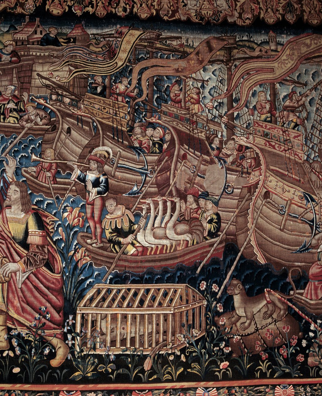 Der portugiesische Navigator Vasco da Gama (1459-1524) kam 1498 in Calicut in Indien an, Detail, Wandteppich von Artist Unknown