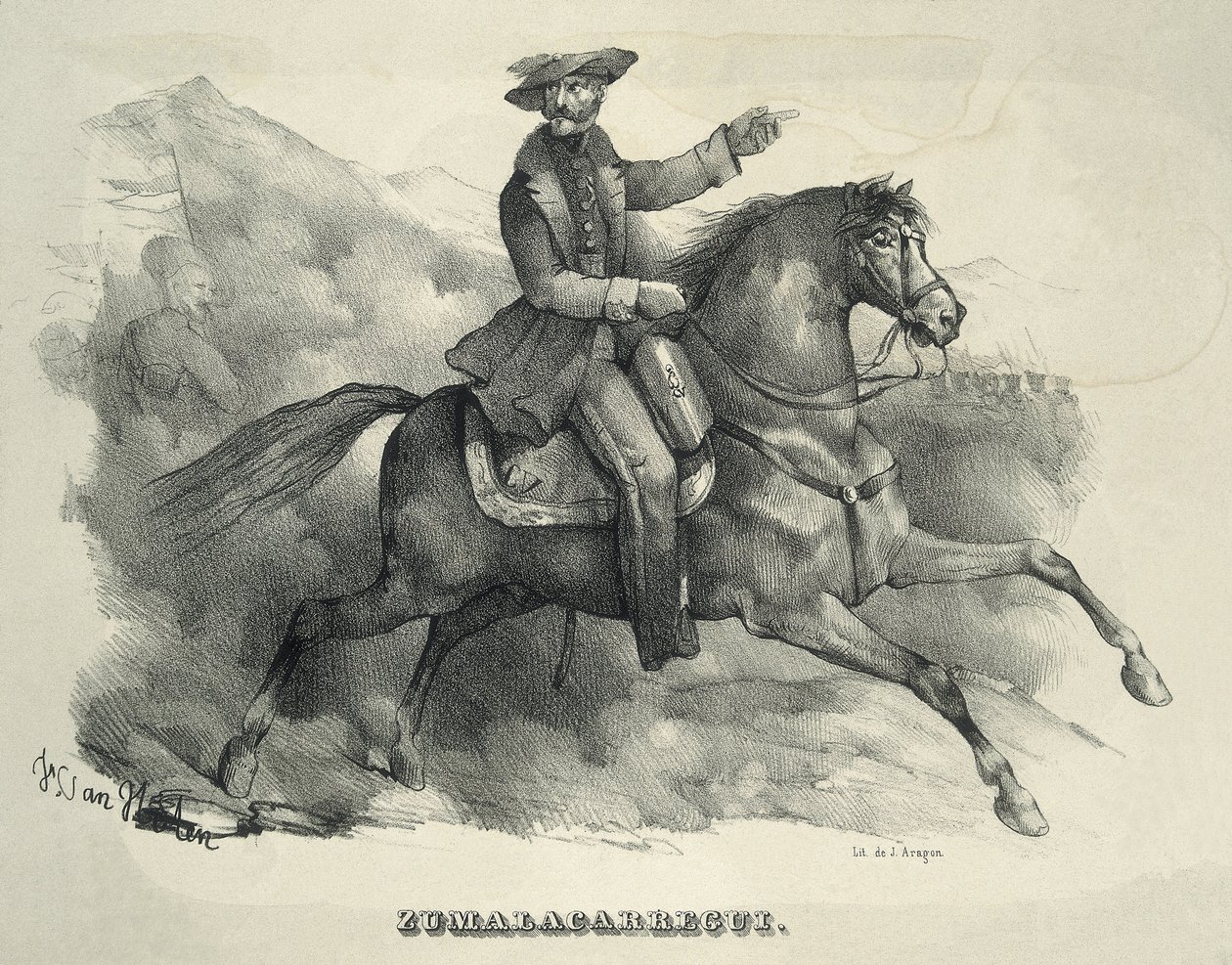 Tomas Zumalacarregui (1788-1835). Karlistischer General. Spanien. Erster Karlistenkrieg. Zumalacarregui reitet auf einem Pferd. (Stich) von Artist Unknown