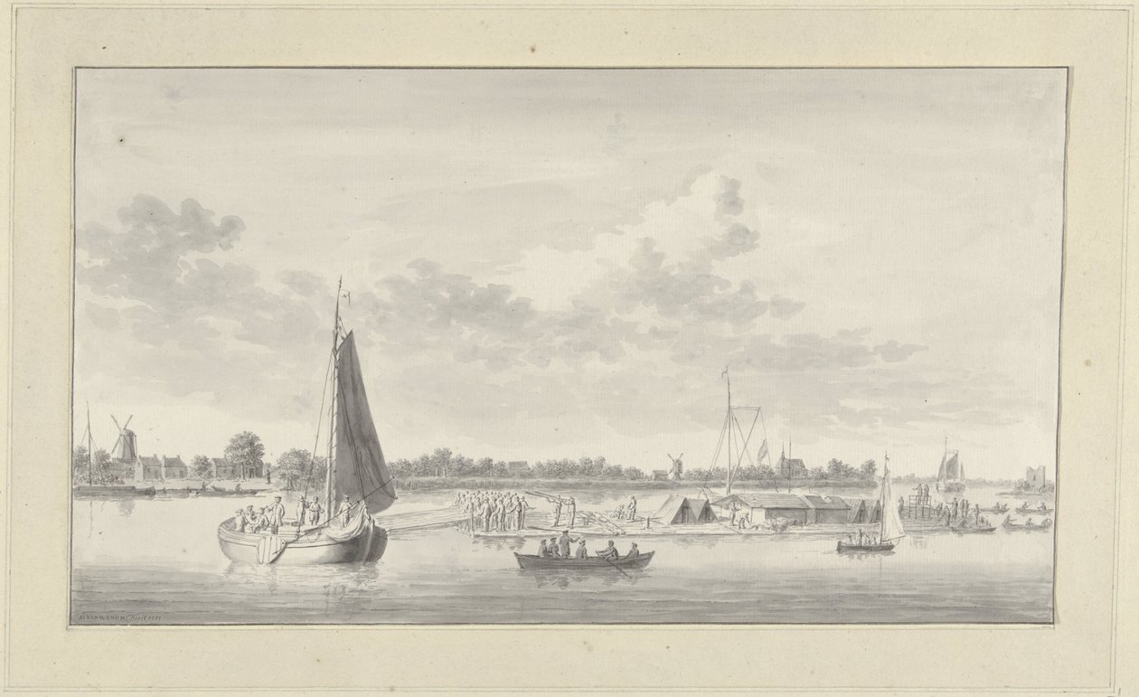 Großes Floß und verschiedene Schiffe auf der Merwede bei Haus de Merwe bei Dordrecht von Ary van Wanum