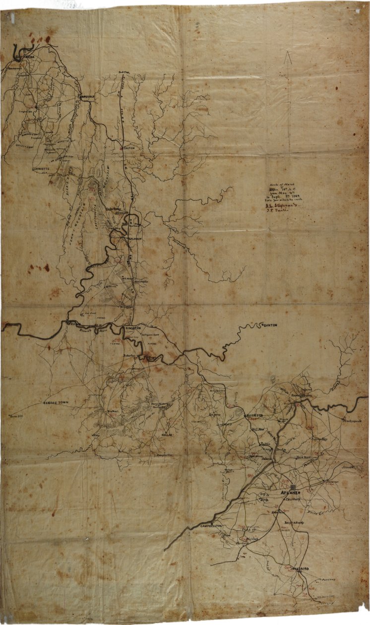 Manuskriptkarte des Bürgerkriegs von General Shermans Atlanta-Kampagne, ca. 1864 von Asbury L. and Snell, J.P. Stevens