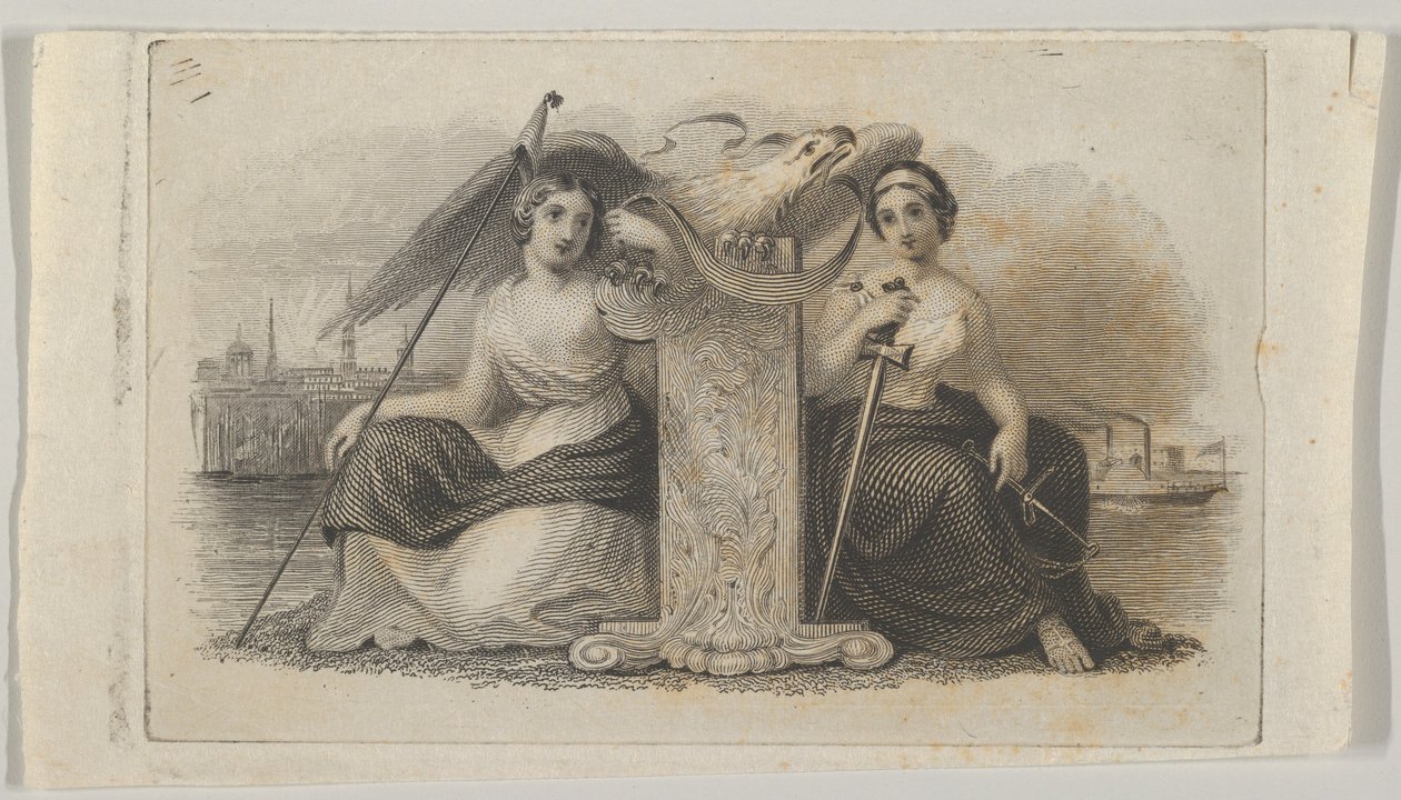 Banknoten-Vignette mit weiblichen Figuren, die Freiheit und Gerechtigkeit darstellen von Asher Brown Durand.