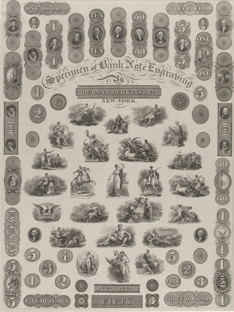 Musterblatt der Banknotengravur, ca. 1828