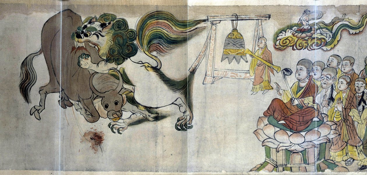 Der Triumph von Sariputra über die Ketzer. Der weise Sariputra beweist die Überlegenheit des Buddhismus, indem er durch ein Wunder einen Löwen zeigt: das Rehkitz verschlingt einen Stier, den ein ketzerischer Magier heraufbeschworen hat von Asian School