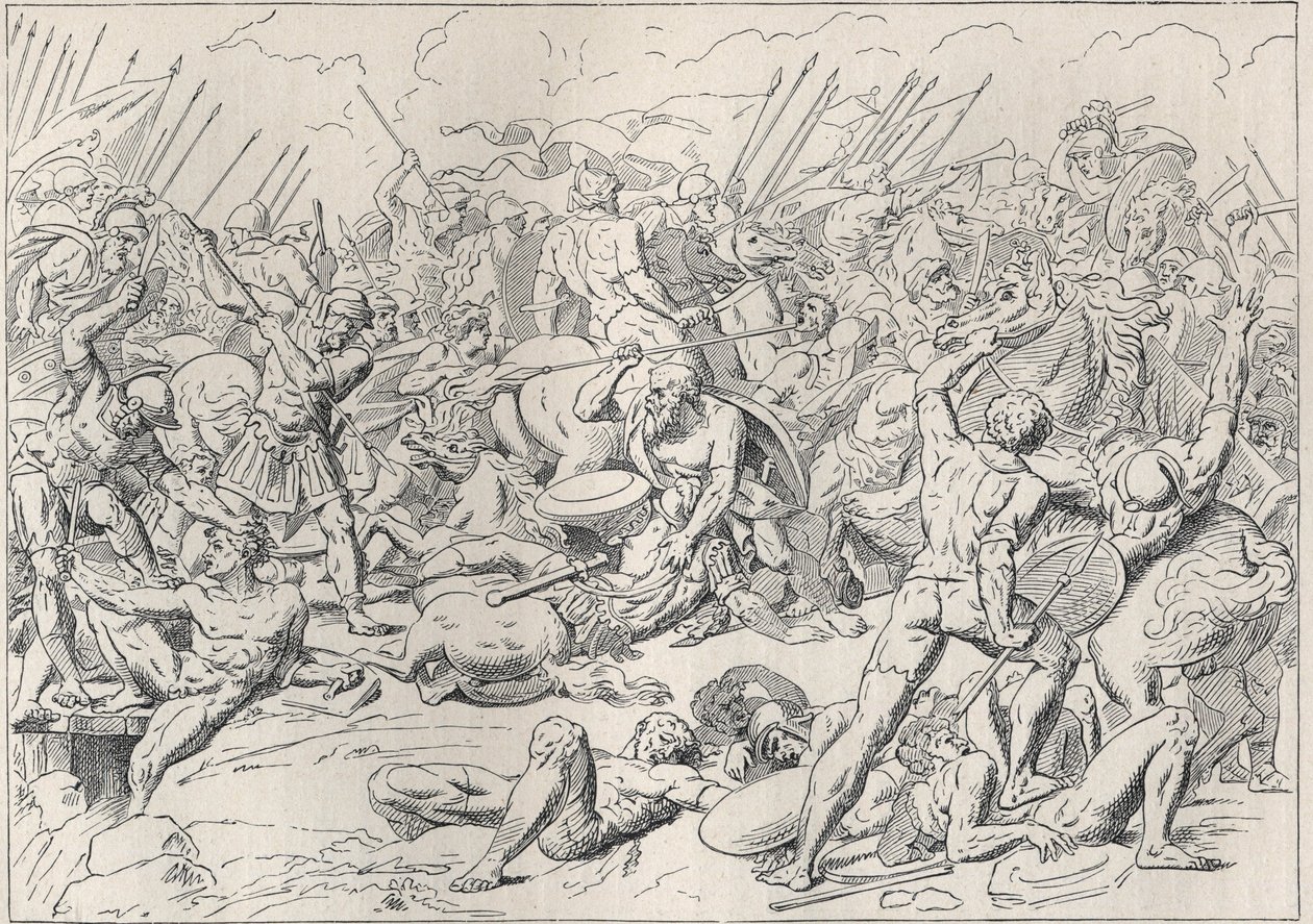 Peloponnesischer Krieg: Die Schlacht von Potidea, in der der griechische Philosoph Sokrates das Leben von Alkibiades rettete. (Gravur nach Carstens) in „Les ecoliers a travers les ages“ von L. Tarsot 1893. von Asmus Jacob (after) Carstens