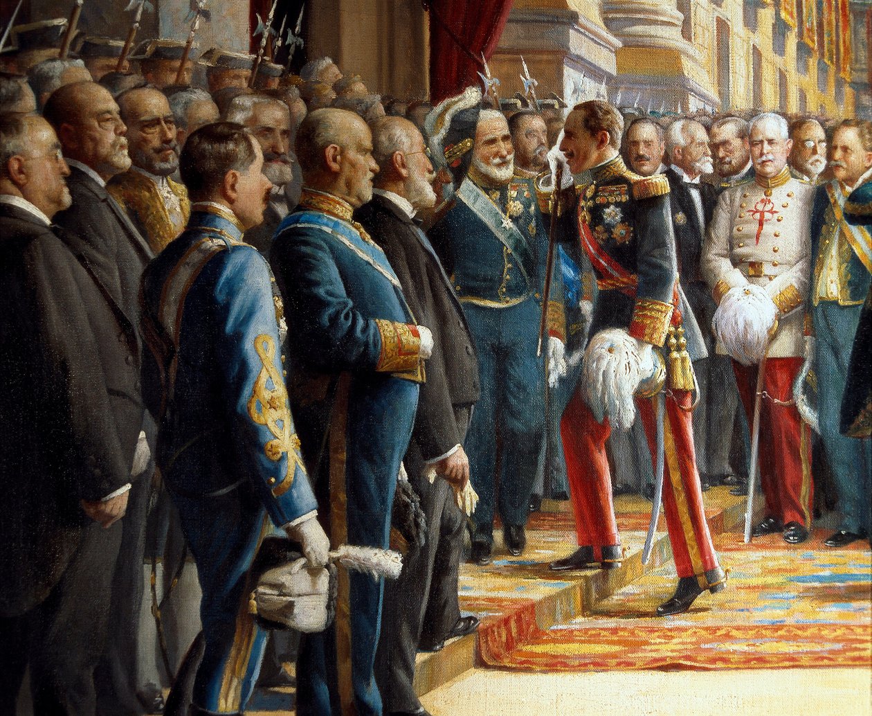 Eröffnung der Cortes im Senat, Detail Alfonso XIII von Spanien begrüßt Antonio Maura y Montaner beim Betreten des Senats, 24. Juni 1920 von Asterio Mañanós Martínez
