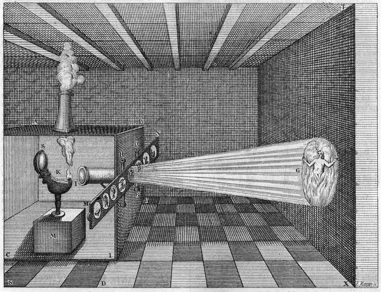 Eine Camera Obscura (Zauberlaterne) projiziert das Bild eines Mannes, der in der Hölle brennt - (Zauberlaterne. Pater Kirchers Zauberlaterne. Früher Laternenbildprojektor) In „Ars Magna Lucis Et Umbrae“ von Athanasius Kircher. von Athanasius Kircher