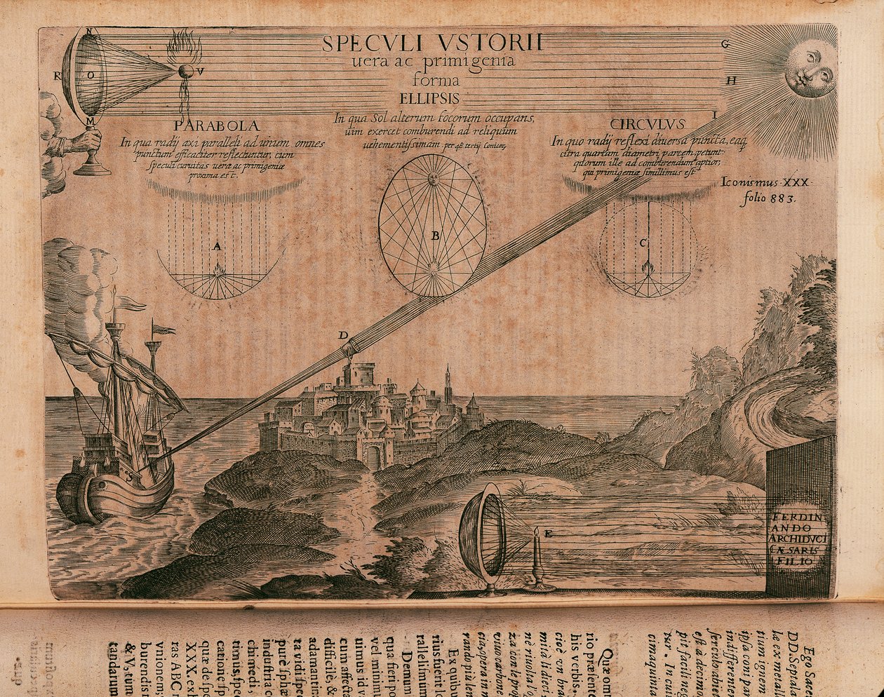 Brennende Spiegel des Archimedes, Gravur aus Ars magna lucis et umbrae von Athanasius Kircher
