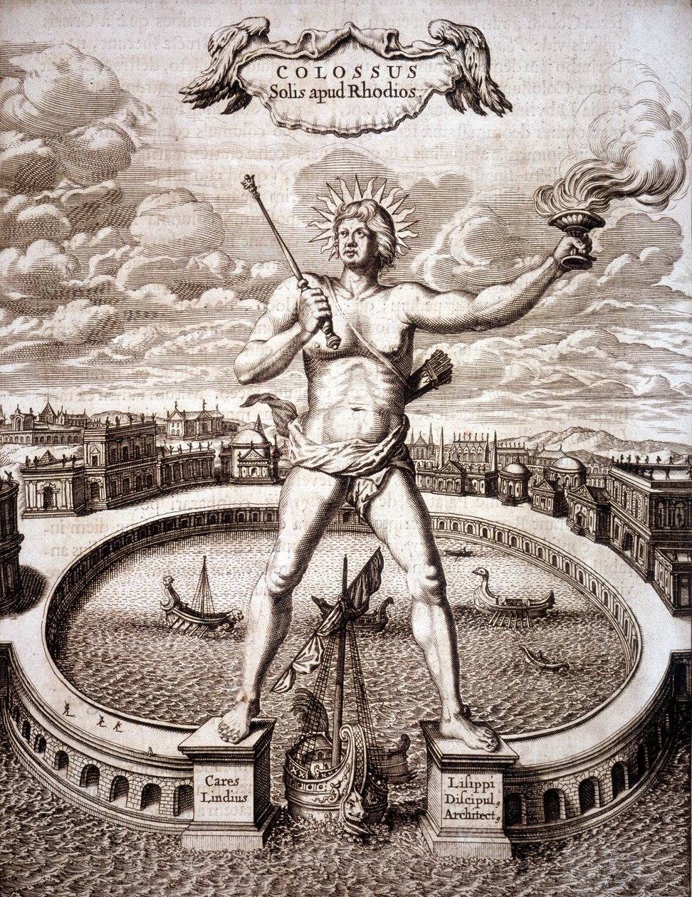 Der Koloss von Rhodos (Statue des Helios) am Eingang zum Hafen. - in „Turris Babel“ von Athanasius Kircher (1601-1680), deutscher Orientalist und Gelehrter von Athanasius Kircher