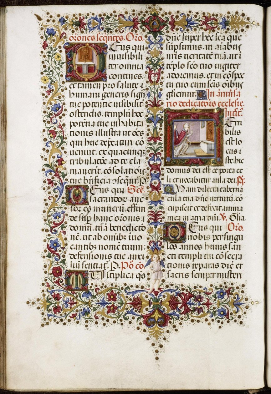 Missale von Thomas James: Seite mit zwei Initialen: ein Altar und die Weihe einer Kirche von Attavante degli Attavanti