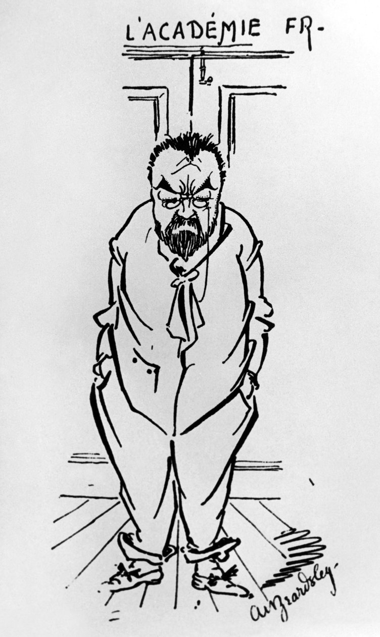 Karikatur des französischen Romanciers Emile Zola (1840-1902) vor der Académie Française von Aubrey Beardsley
