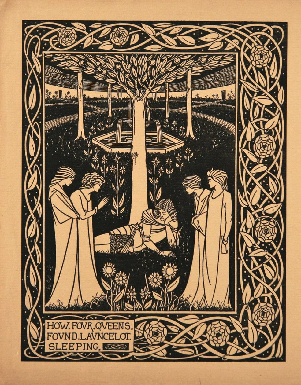 Wie vier Königinnen Lancelot schlafend fanden. Illustration zum Buch Le Morte d