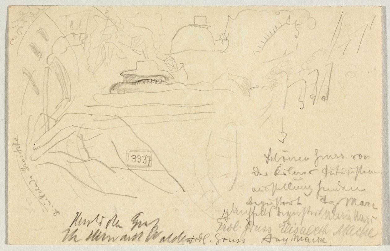 Die rüttelnde Droschke, Postkarte an Wassily Kandinsky in Odessa von August Macke