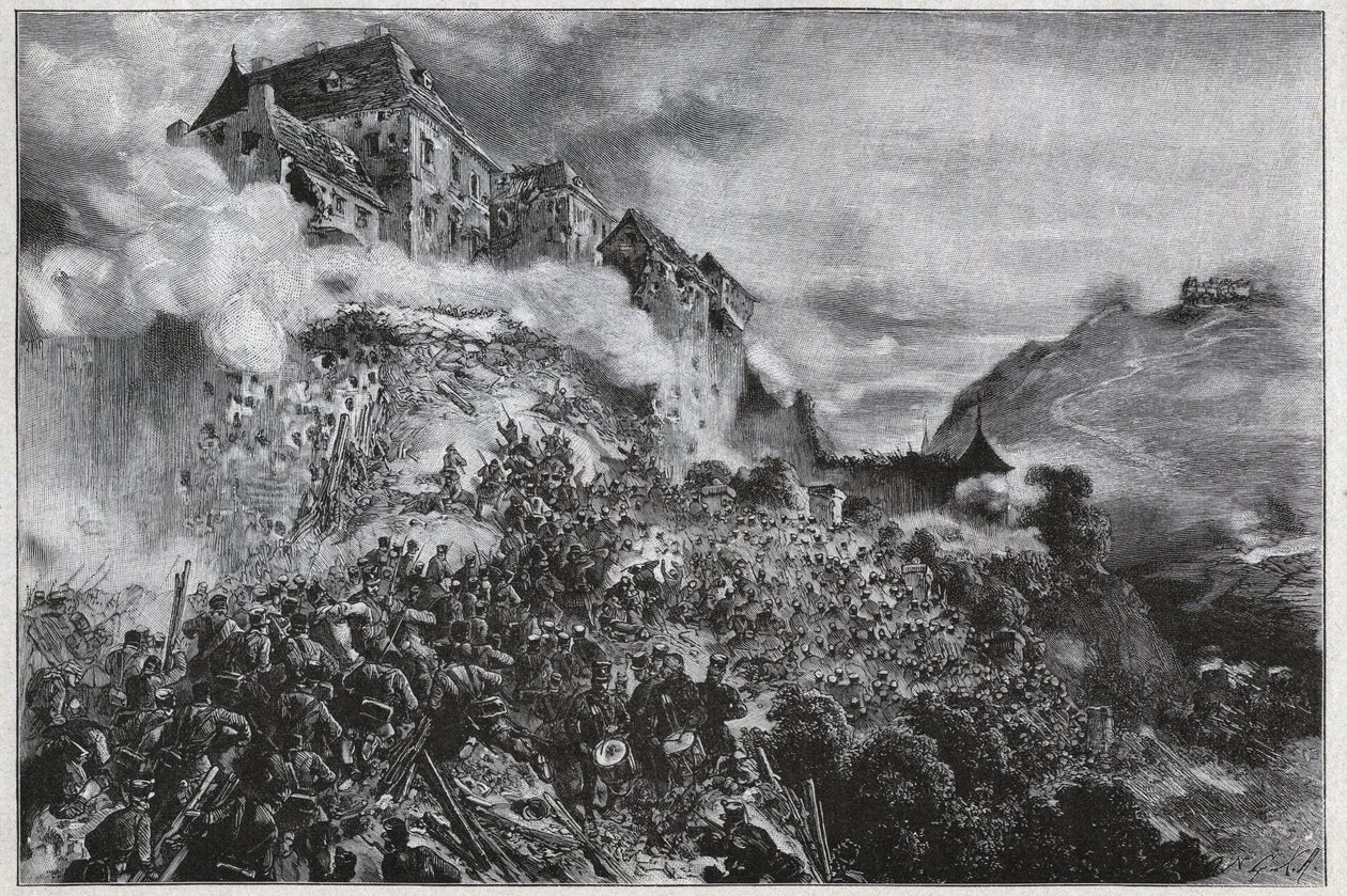 Die ungarische Revolution von 1848-1849: Ungarische Rebellen stürmen die Buda (Ofen) Burg am 21. Mai 1849 - nach einer Lithographie von August von Pettenkofer von August Xaver Karl von Pettenkofen