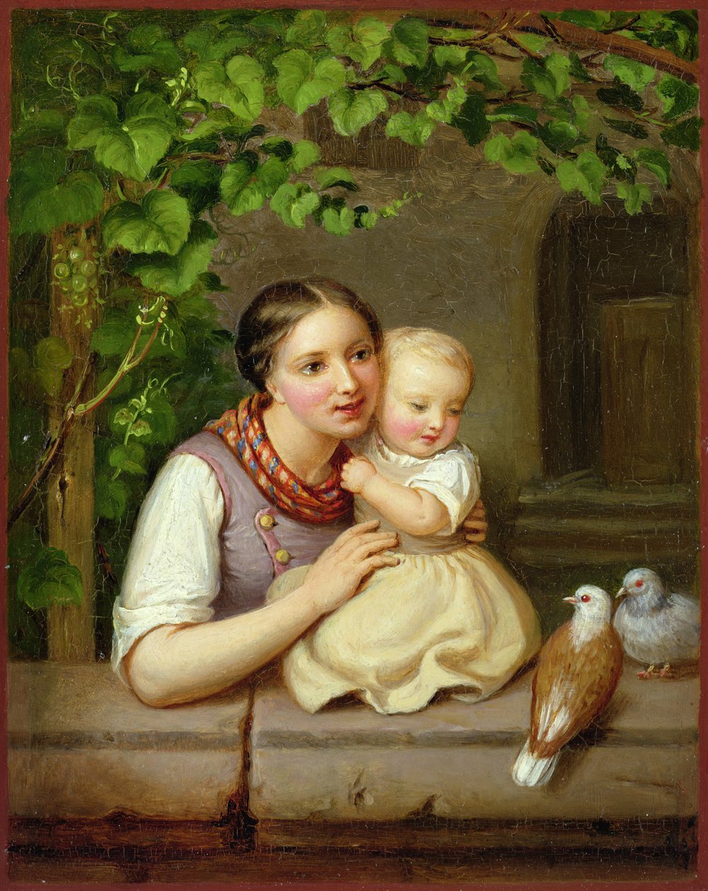 Mutter mit Kind und zwei Tauben (Öl auf Kupfer)