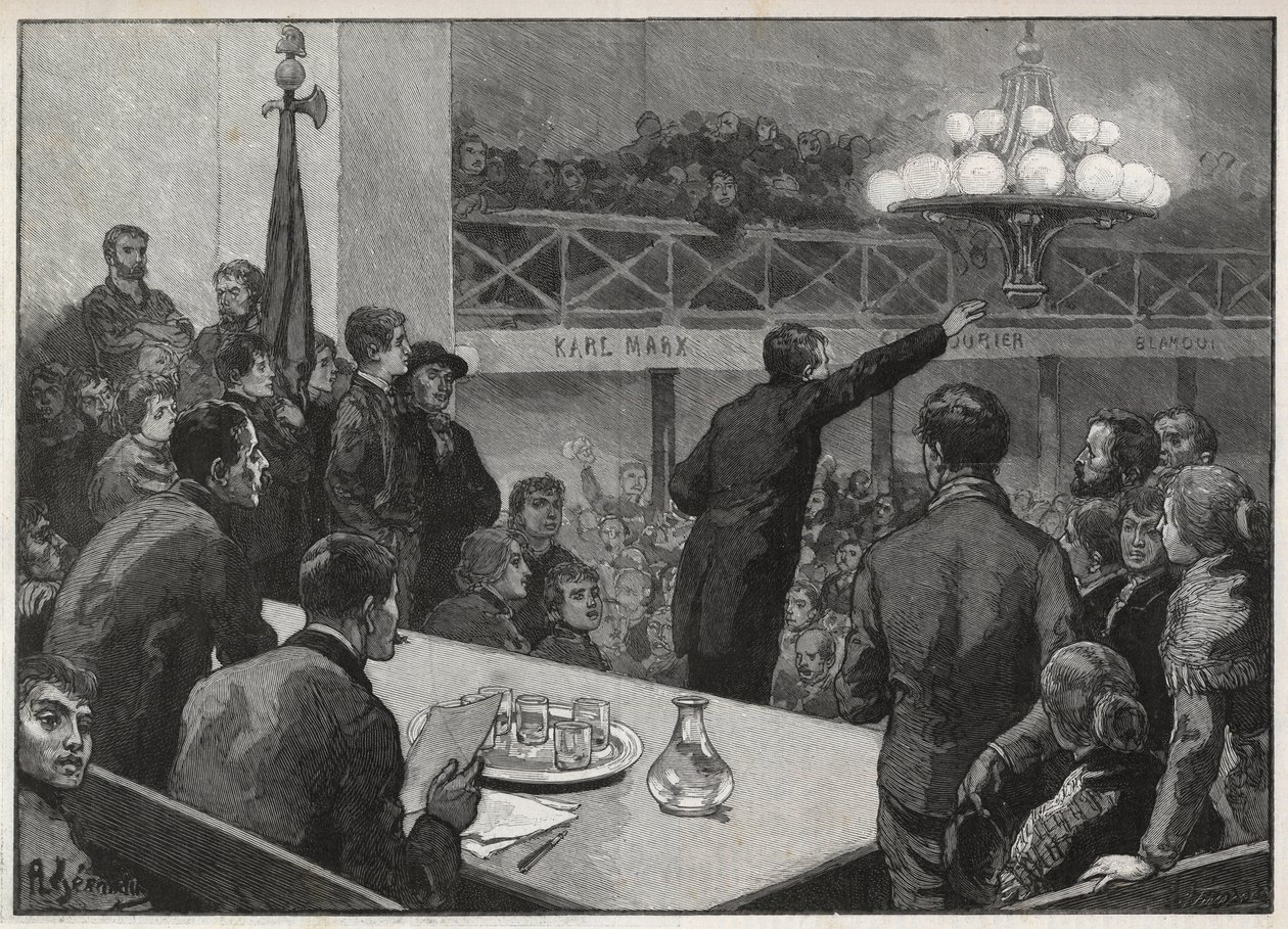 Versammlung für den Streik im Vooruit 1885 - Gravur in „Le monde illustré“ - Zeichnung von Gerardin von Auguste (after) Gerardin