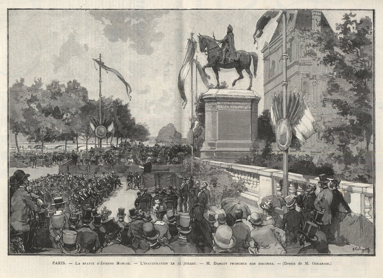 Paris - Rede von Herrn Darlot während der Einweihung am 15. Juli 1888 im Hôtel de Ville de Paris der Statue von Etienne Marcel - Zeichnung von Gerardin in „The Illustrous World“ von 1888. von Auguste (after) Gerardin