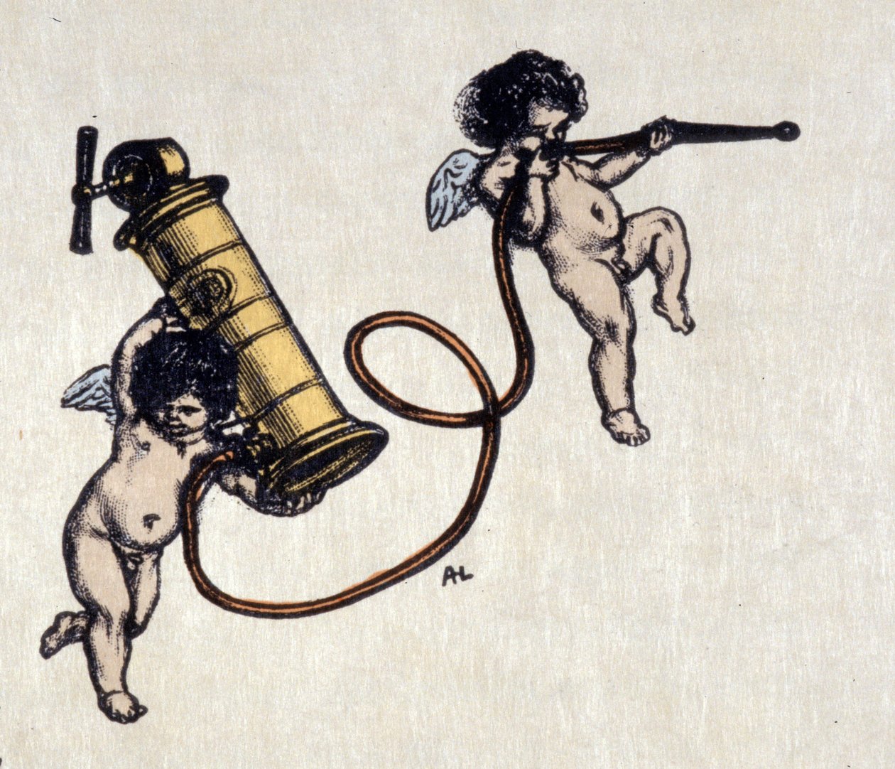 Die Freuden des Klistiers. Zwei Engel tragen eine Pumpe für einen Einlauf. Illustration von Auguste Leroux (1871-1954) von Auguste (after) Leroux