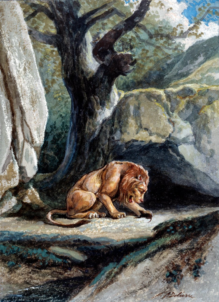 Illustration der Fabel „Der Löwe und die Ratte“ von Jean de La Fontaine von Auguste Delierre