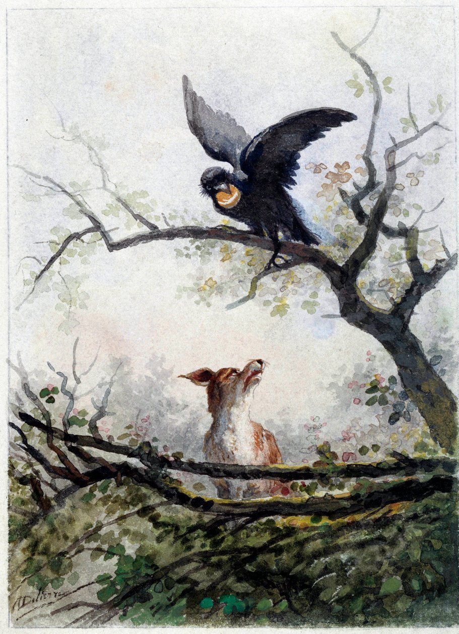 Der Fuchs und der Rabe. Illustration der Fabel von Jean de La Fontaine (1621-1695) von Auguste Delierre