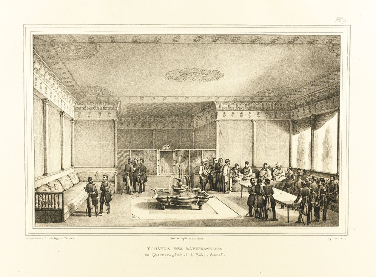 Unterzeichnung des Vertrags von Adrianopel im alten Palast von Edirne, 1834 von Auguste Joseph Desarnod