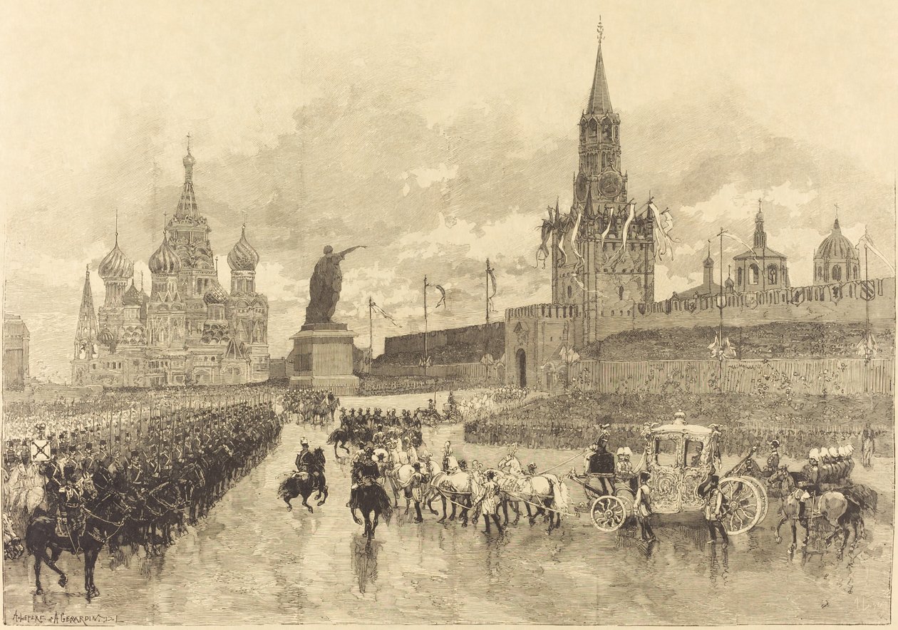 Die Krönung des Zaren. Der kaiserliche Zug durchquert den Königlichen Platz, 1883 von Auguste Lepere