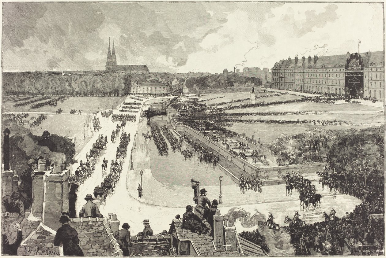 Die militärischen Ehren, die der sterblichen Hülle von Admiral Courbet erwiesen wurden von Auguste Lepère and Louis Tinayre