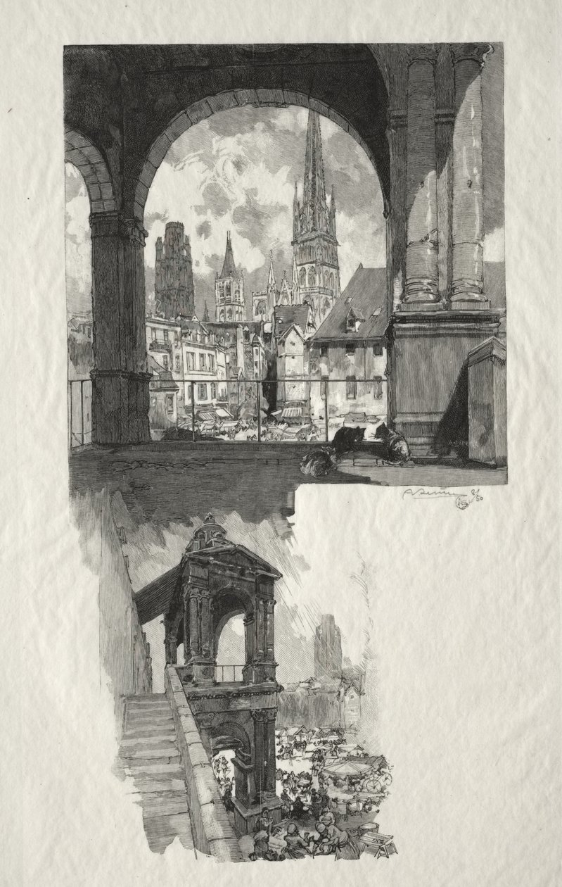 Rouen Illustré: Platz der Hohen Alten Turm; Edicule de la Fierte von Auguste Louis Lepère