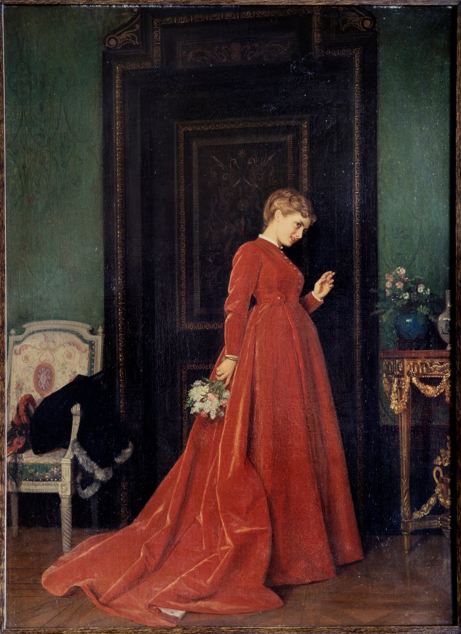Die Ankunft. Eine elegant gekleidete Frau in einem roten Kleid bereitet sich darauf vor, an eine Tür zu klopfen. Sie hält einen Blumenstrauß und ihr Gesicht drückt eine Mischung aus Ungeduld, Neugier und Zweifel aus. Gemälde von Auguste Toulmouche (1829-18 von Auguste Toulmouche