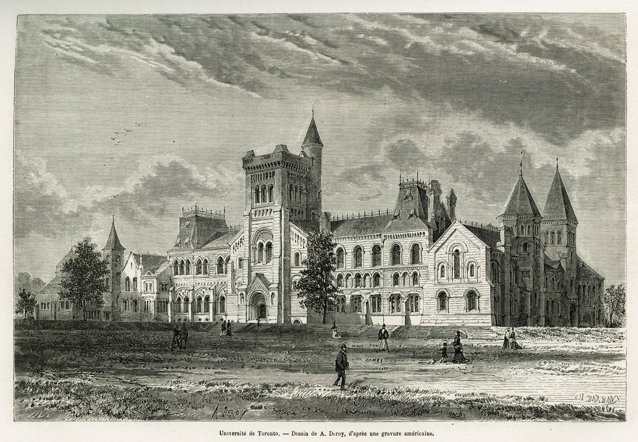 Die Universität von Toronto, Zeichnung von A. Deroy, zur Illustration der Geschichte eines Ausflugs nach Kanada und zum nördlichen Roten Fluss 1873 von H. de Lamotte. Gravur in Le tour du monde von Auguste Victor Deroy