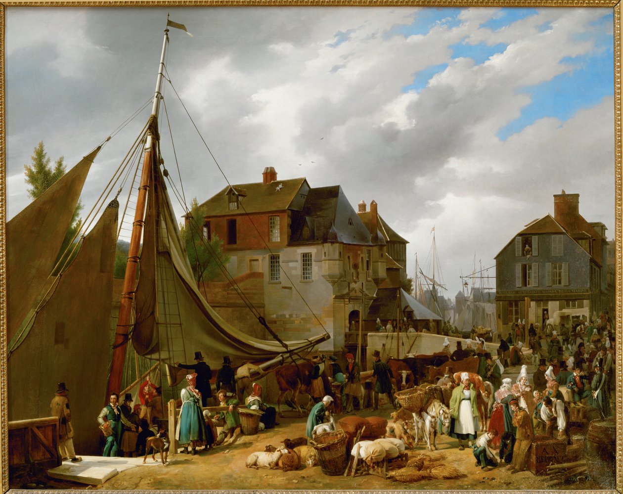 Einschiffung von Vieh auf das Schiff "Le Passager" im Hafen von Honfleur, Frankreich von Auguste Xavier Leprince