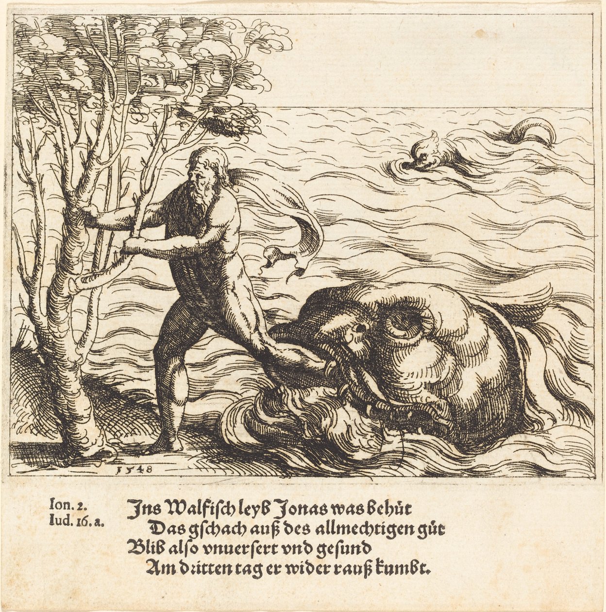 Jona wird aus dem Wal herausgelassen, 1548 von Augustin Hirschvogel