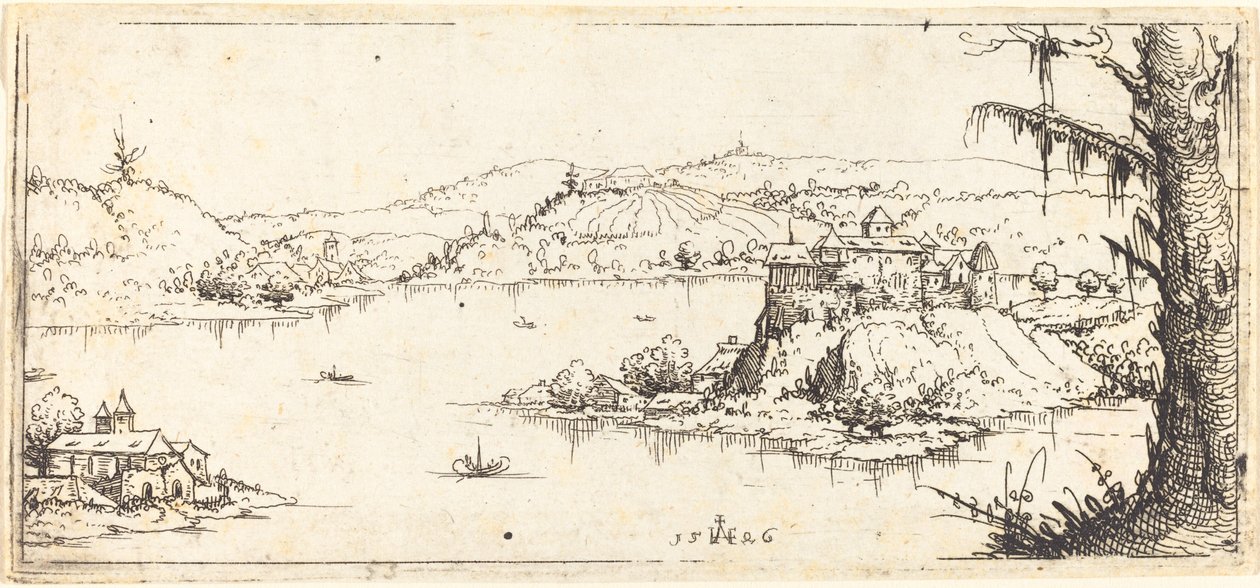 Landschaft mit einem großen See in der Mitte, 1546 von Augustin Hirschvogel
