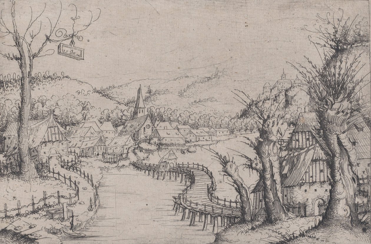 Flusslandschaft mit drei kahlen Weiden rechts und einer langen, gewundenen Holzbrücke, 1546 von Augustin Hirschvogel