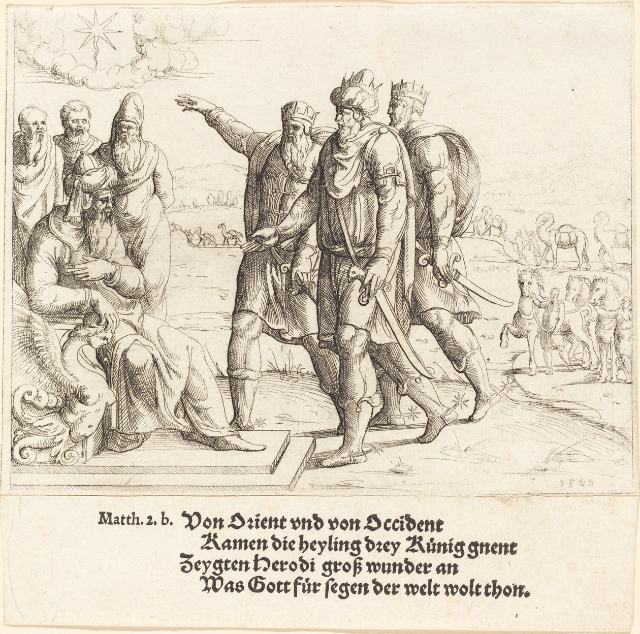 Die drei Könige berichten Herodes von der Geburt Christi, 1549 von Augustin Hirschvogel