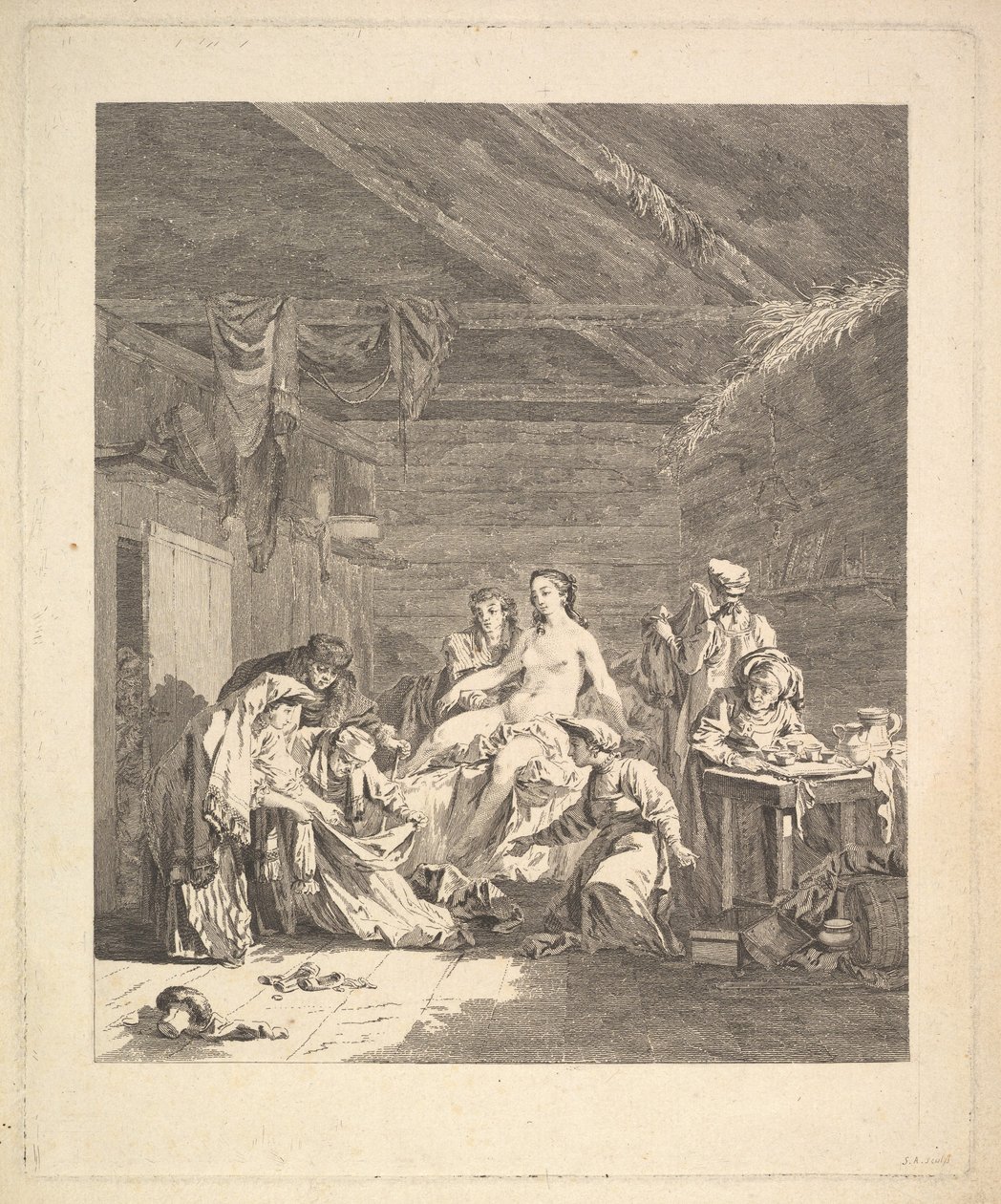 Nach der Hochzeitsnacht müssen die Laken gezeigt werden. Aus Voyage en Sibérie, 1767 von Augustin de Saint Aubin