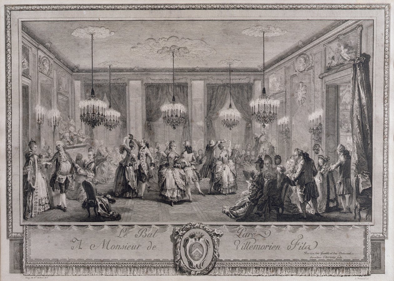Der Abendkleidball im Haus von Monsieur de Villemorien Fila, graviert von L. Provost von Augustin de Saint Aubin