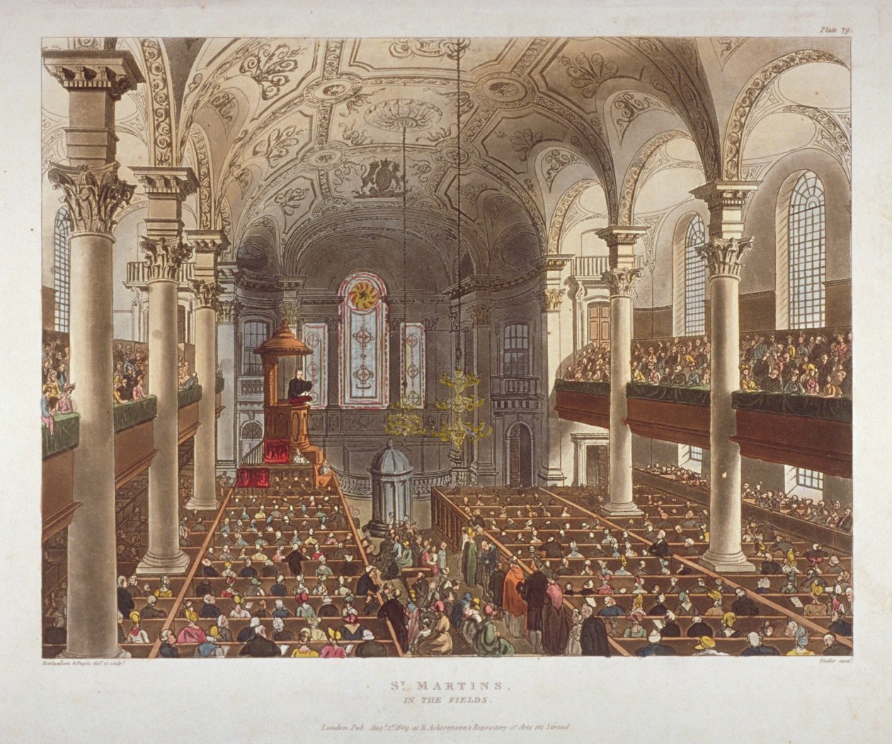 Innenraum der Kirche St. Martin-in-the-Fields, Westminster, London, 1809 von Augustus Charles Pugin, Thomas Rowlandson