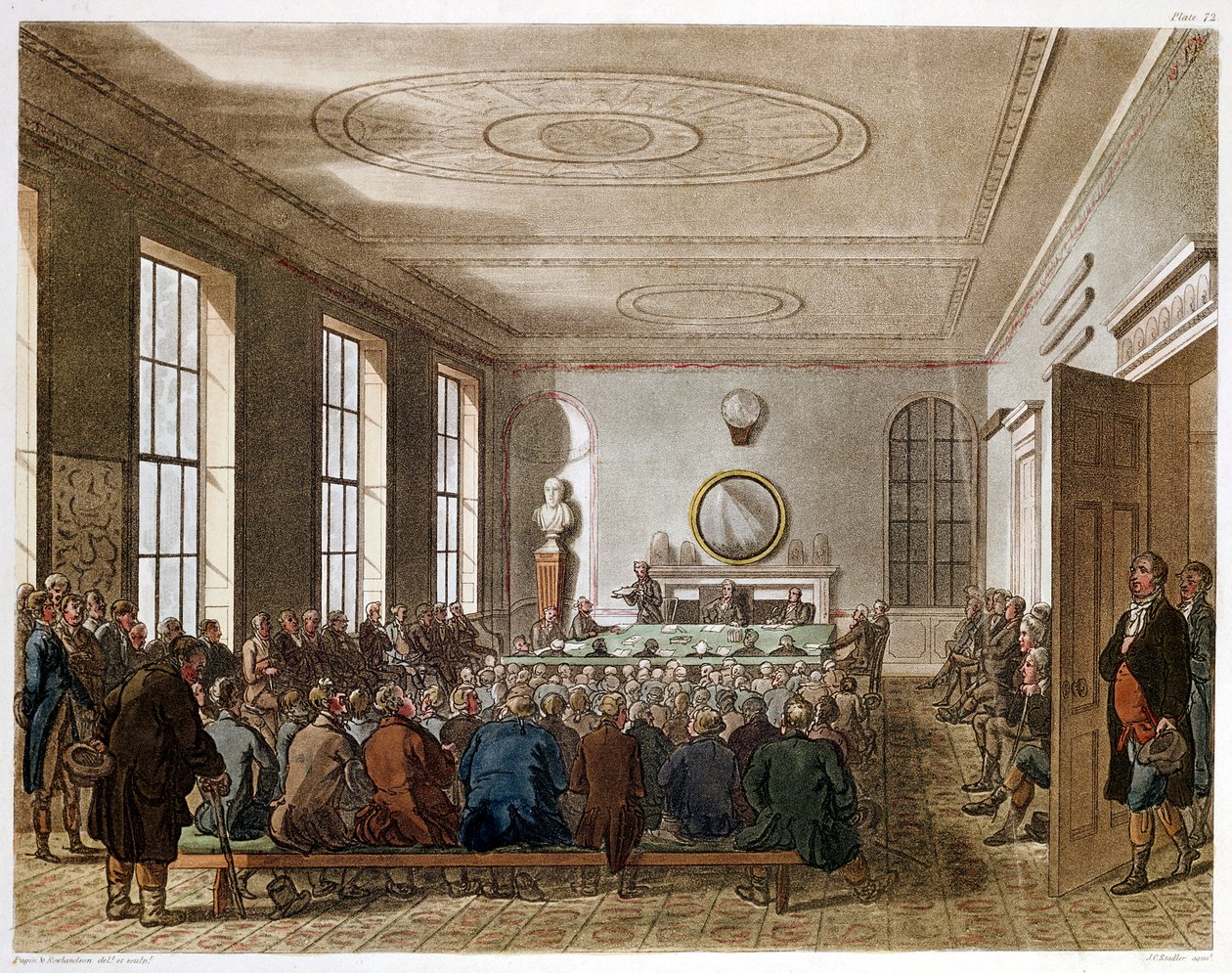 Treffen der Landwirtschaftsgesellschaft, London, 1808-1810 von Augustus Charles Pugin, Thomas Rowlandson