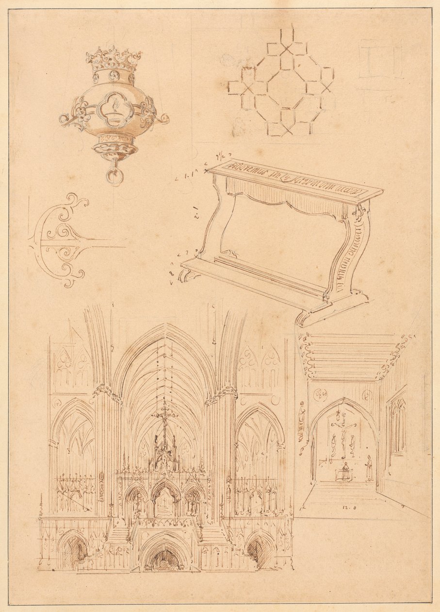 Entwürfe für gotische Ornamentik, ein Kniekissen und zwei Skizzen der Innenräume gotischer Kirchen von Augustus Welby Northmore Pugin